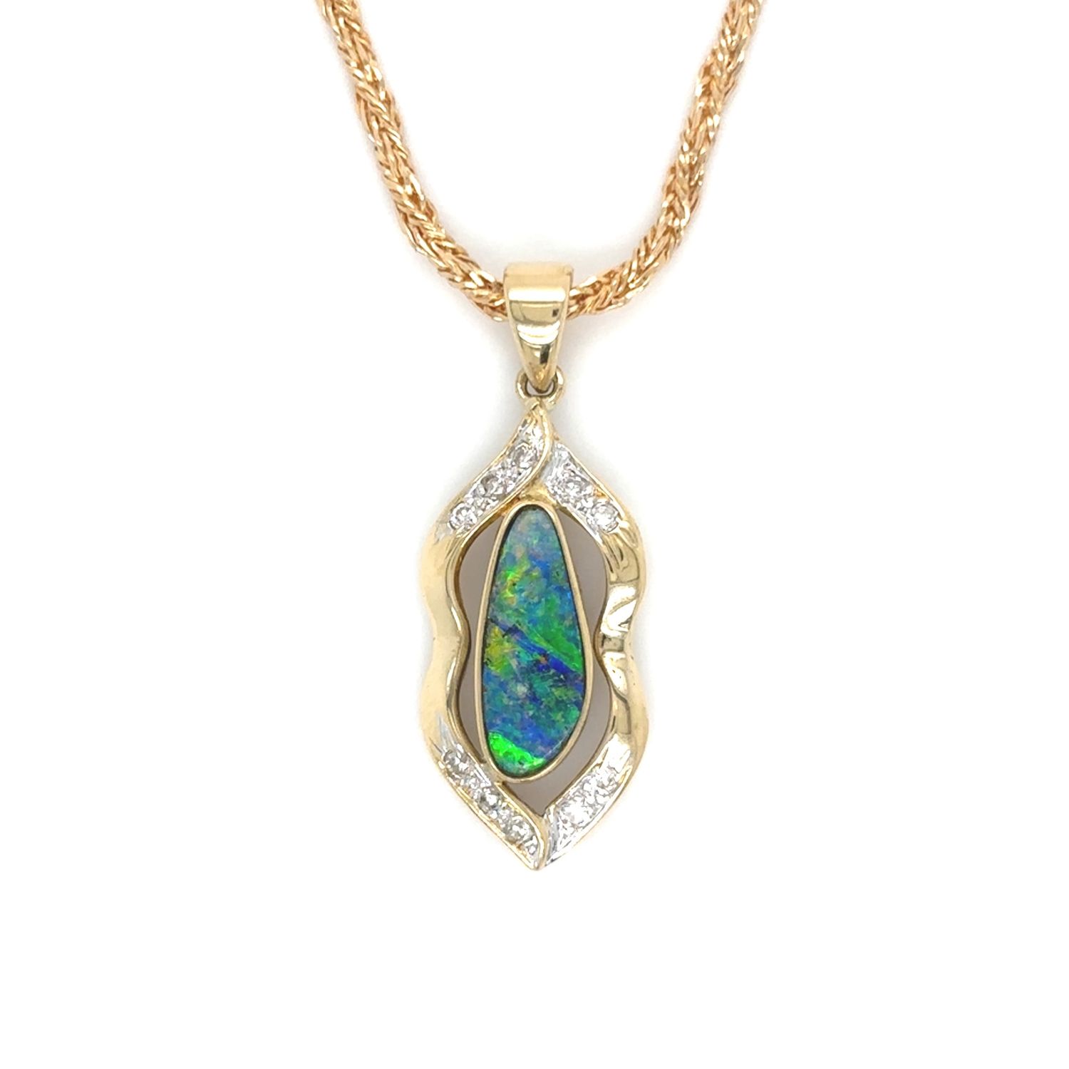 Opal & Diamond Double Framed Freeform Necklace in 18k Yellow Gold