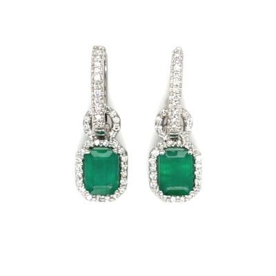 Emerald & Diamond Halo Huggie Earrings in 14k White Gold
