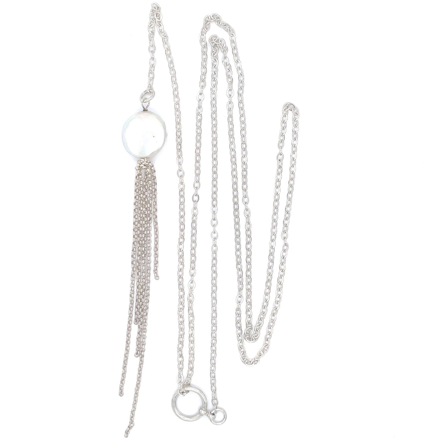 Button Pearl Lariat in Silver Button Pearl Lariat in Silver