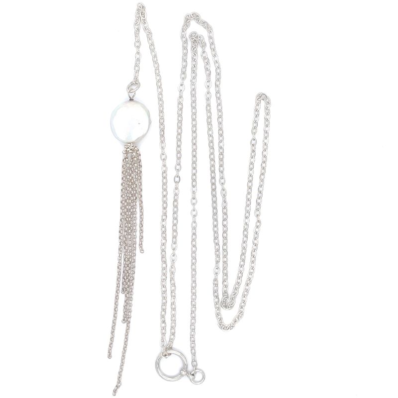 Button Pearl Lariat in Silver