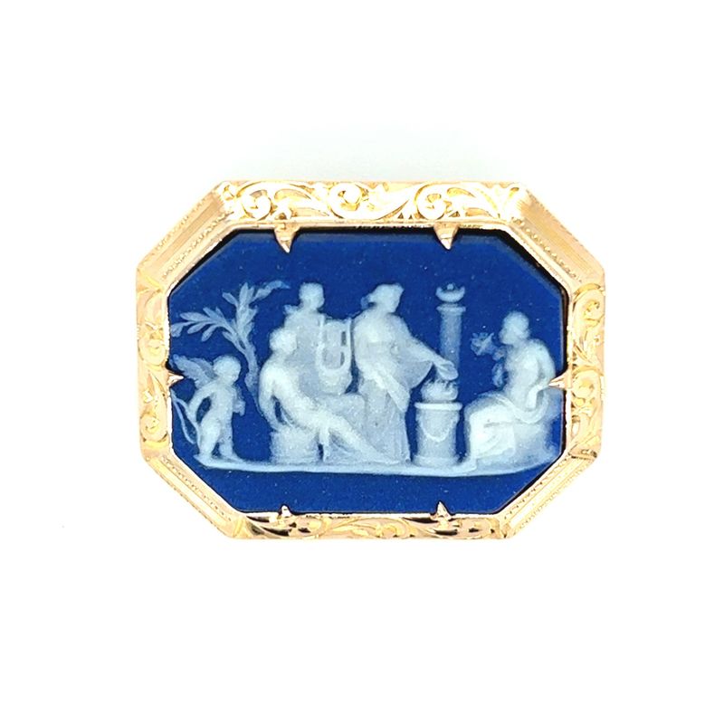 Cameo Blue Wedge Wood Brooch in 14k Yellow Gold