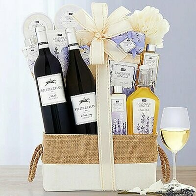 STEEPLECHASE VINEYARDS SPA LUXURIES: LAVENDER VANILLA SPA & WINE GIFT BASKET