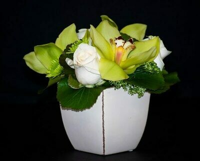 Cymbidium Orchid Arrangement with Roses in a Container