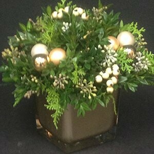 Long Lasting Winter Berry Arrangement in a Champagne Coloured Polish Glass Cube