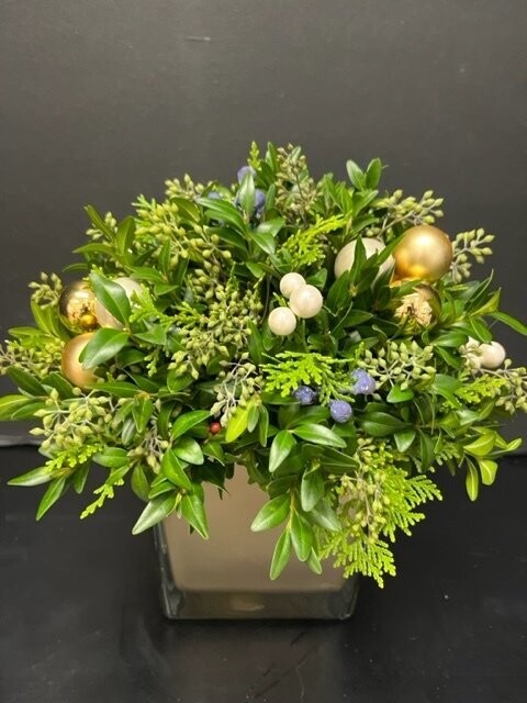 Large gold cube winter berry arrangement