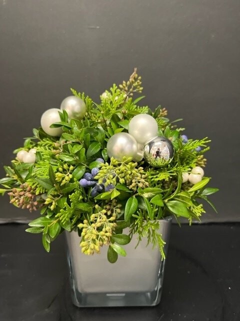 Winter Berry Arrangement in a silver polish glass cube
