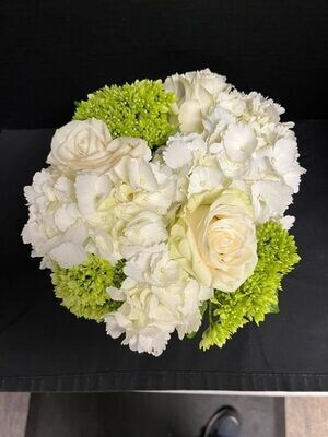 White & Green Arrangement with Roses in a Cube Vase