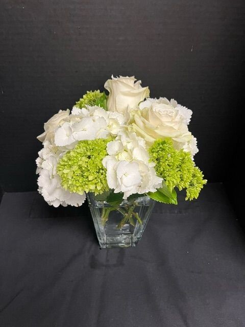 White & Green Arrangement in Tapered Square Vase