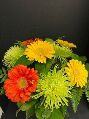 Colourful vase arrangement with Gerbera daisies  and green Fuji mums