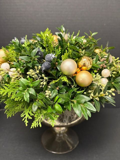 Winter Berry Arrangement in a gold glass compote