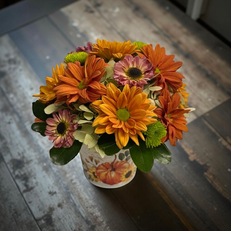 Fall Daisy Arrangement in a Decorative Fall Container