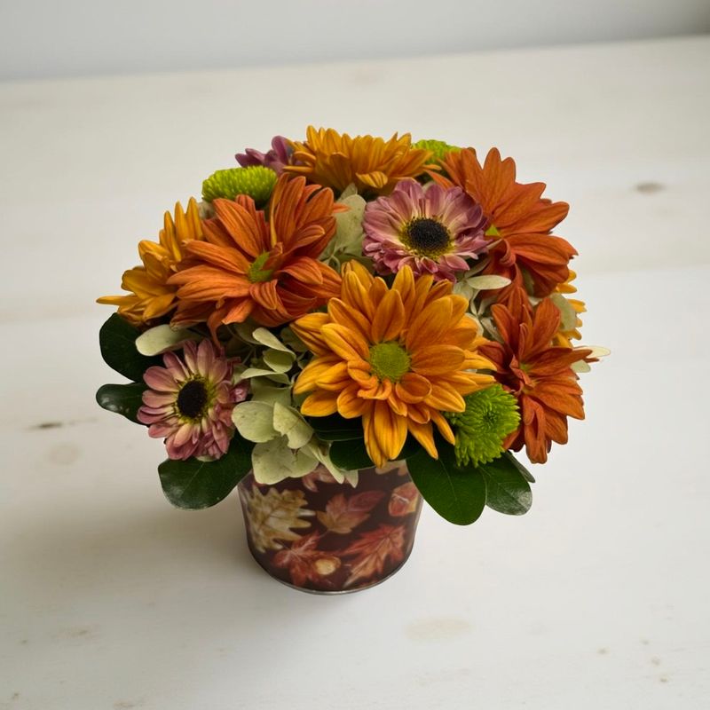 Fall Daisy Arrangement in a Decorative Fall Container