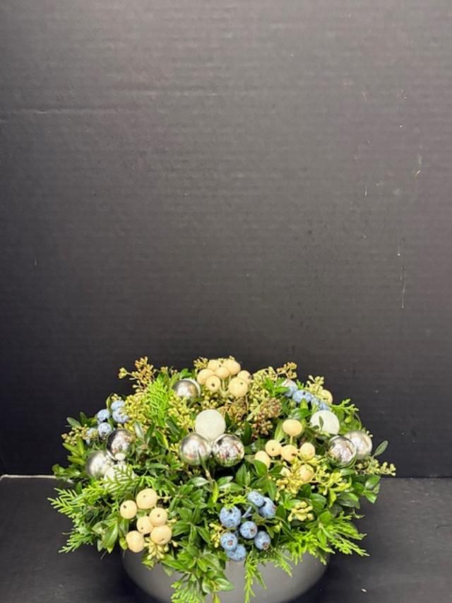 WINTER BERRY ARRANGEMENT IN A SILVER POLISH GLASS BOWL