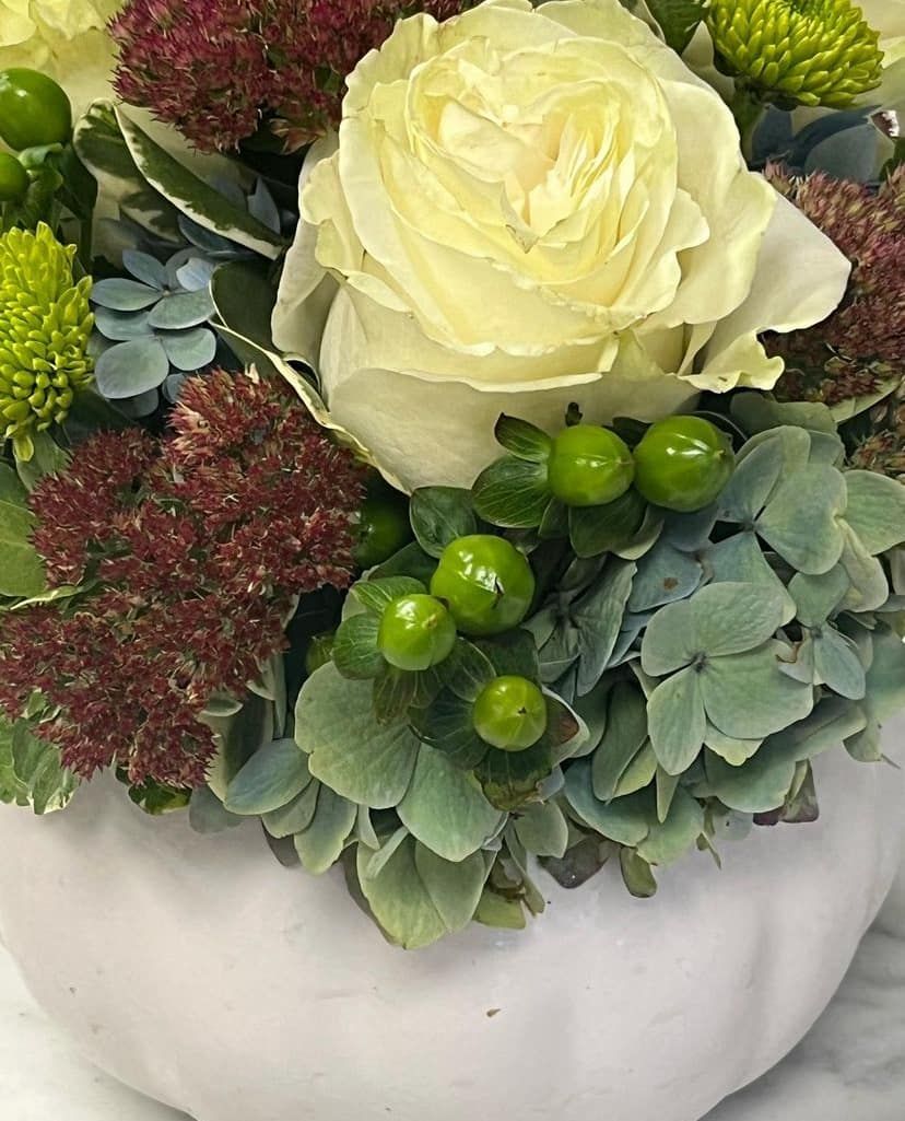 Thanksgiving arrangement with white roses in a white ceramic pumpkin