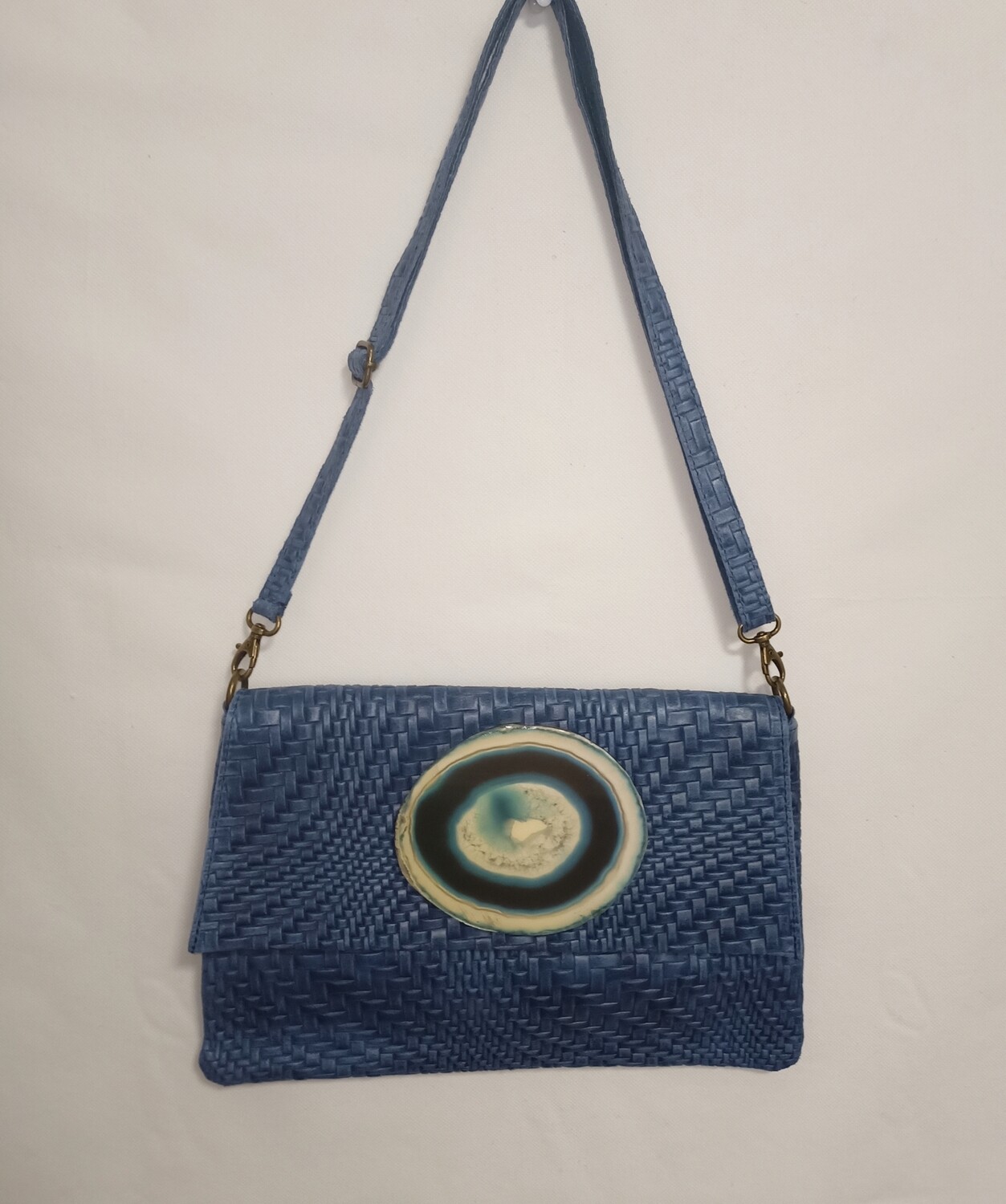 Bolso de piel azul clutch con piedra decorativa, modelo único, especial para Aloa