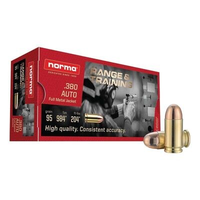 Norma .380 Auto FMJ 95 gr (Sold in Case quantities (1,000 rnds) only)