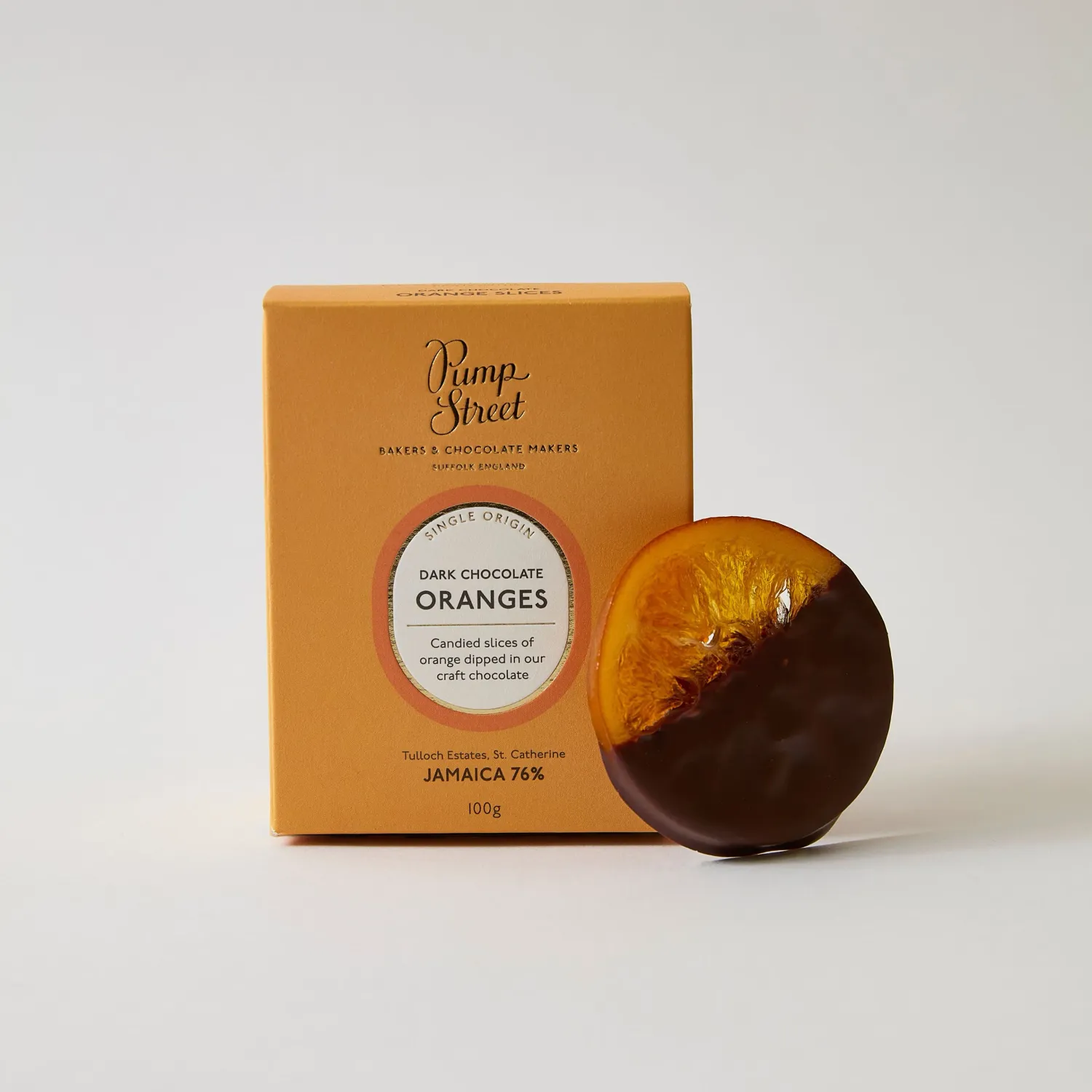 Jamaican Chocolate (76%) Dipped Orange Slices, Pump Street- 100g