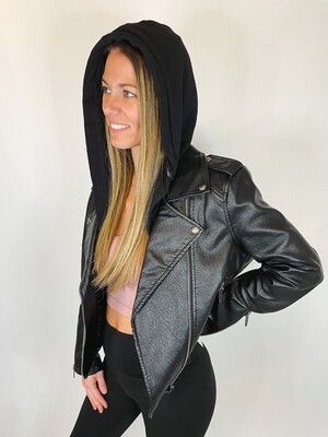 BlankNYC Black Faux Leather Jacket w/ Removable Hood - S