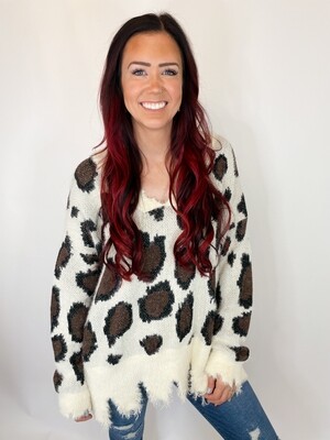 Umgee Cream Leopard Sweater w/ Distressed Hem - 1X