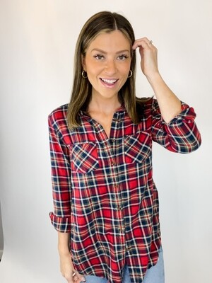 Entro Red, Navy, & Green Plaid Button Up - S
