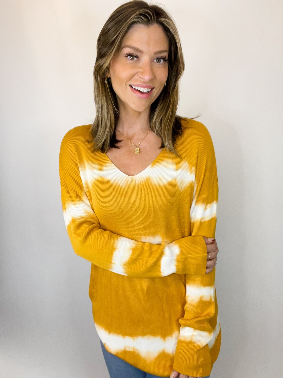 Macaron Mustard Tie Dye V-neck Sweater - S