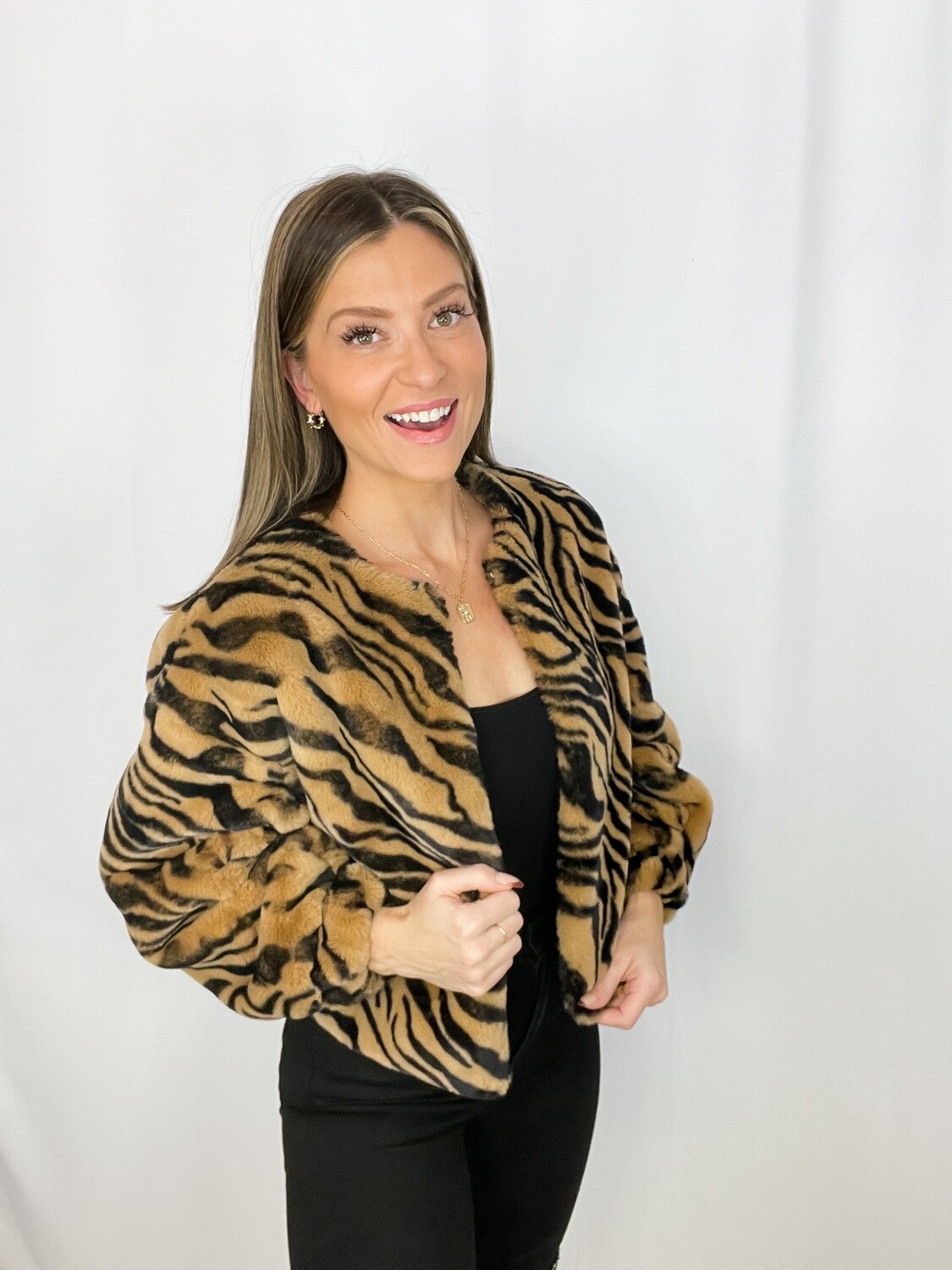 Jayley Zebra Print Faux Fur Jacket - O/S
