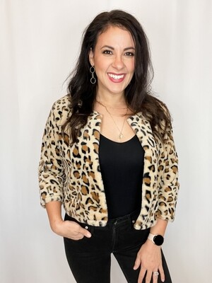 Calvin Klein Faux Fur Leopard Cropped Jacket - L
