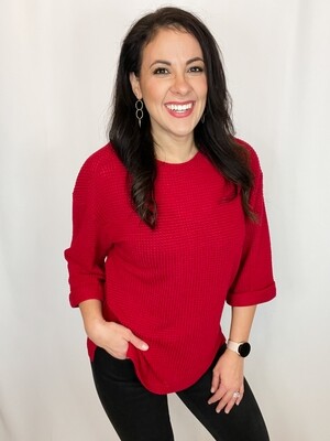 EE:Some Red Waffle Knit Top w/ Rolled Sleeves - S