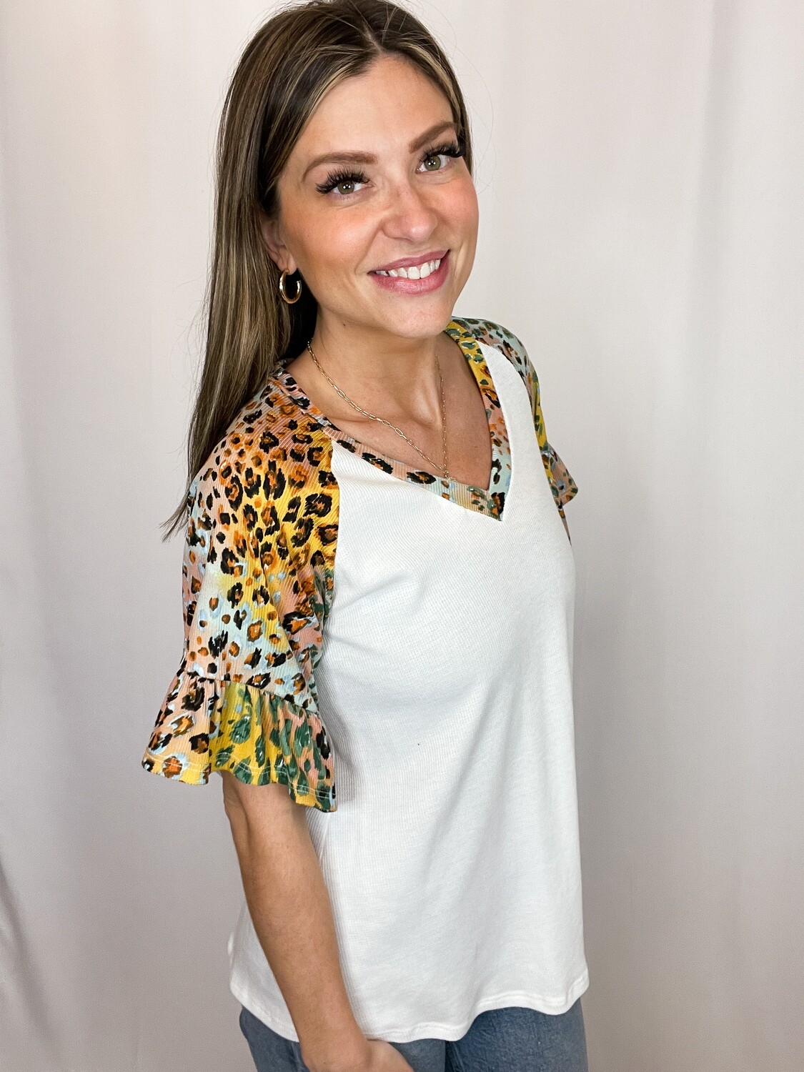 Lovely Melody White Top with Leopard Patterned Sleeves - S