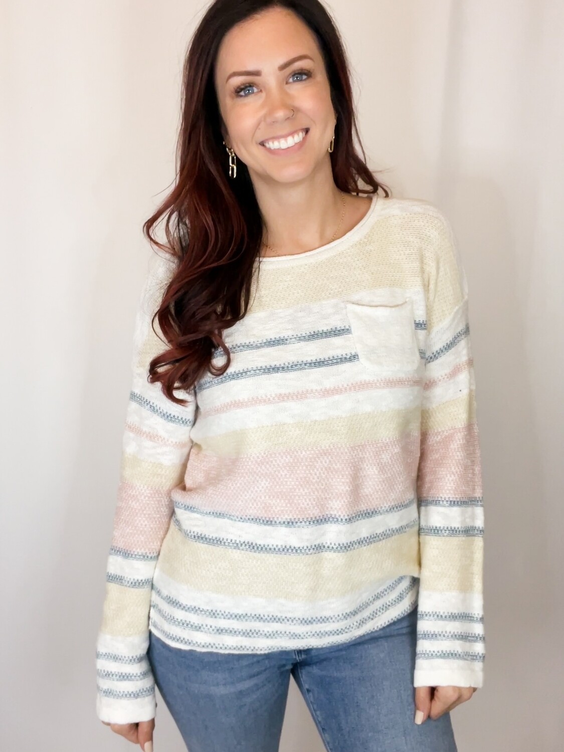 Hem & Thread Colorful Striped Pocket Sweater - L