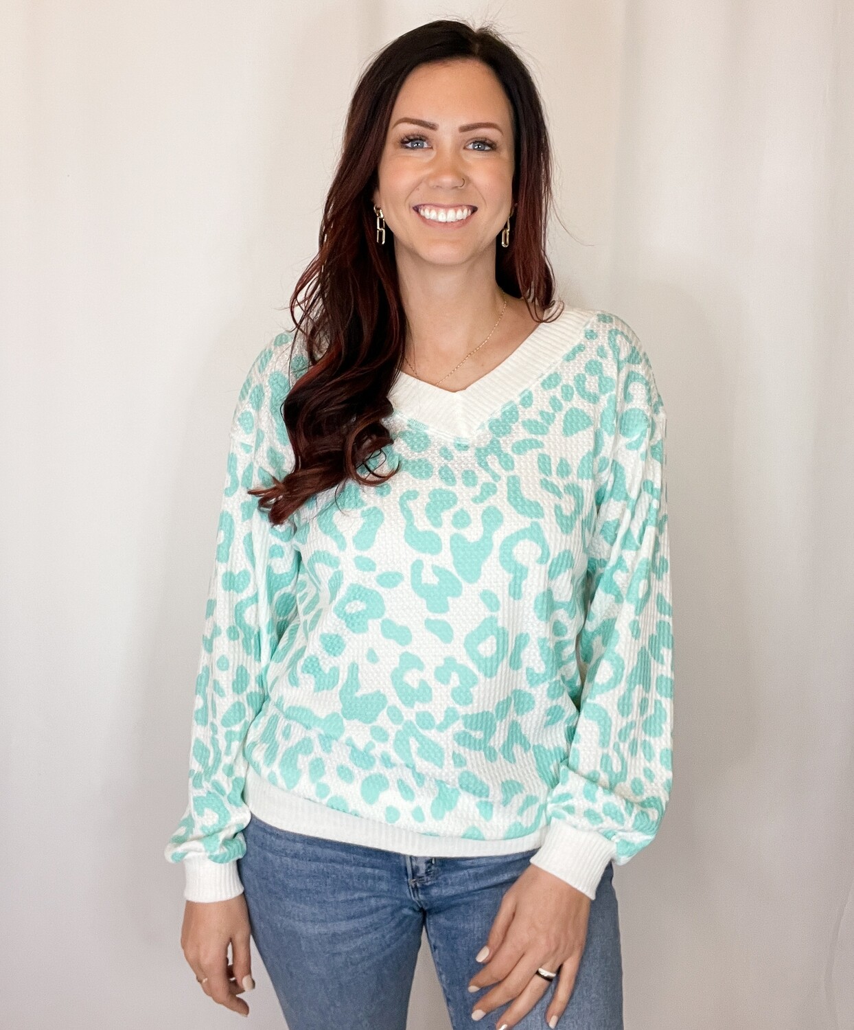 EE:Some Mint & White Leopard Waffle Knit Top - S