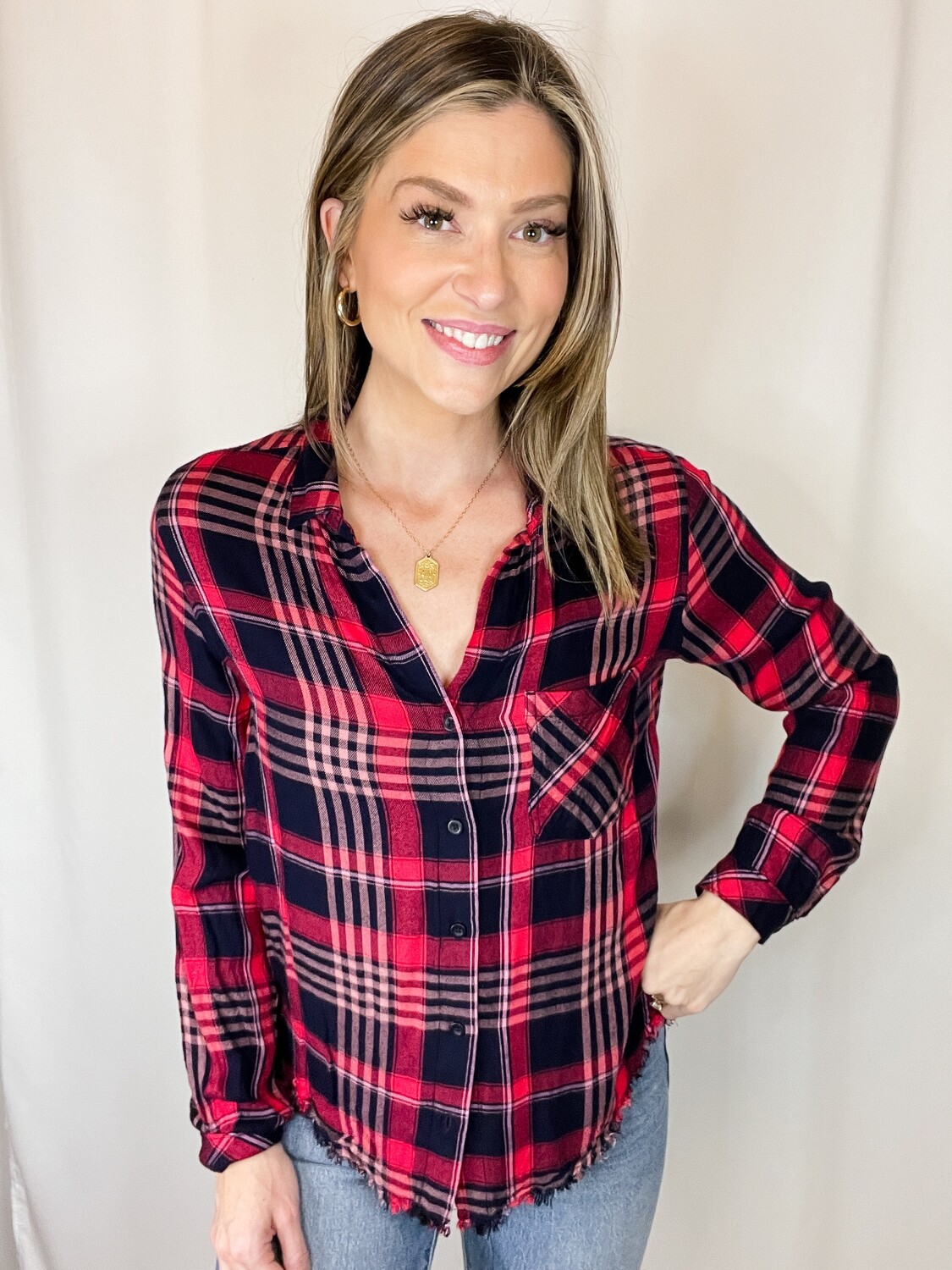 Cloth & Stone Red Plaid Button Up Top with Fringe - S