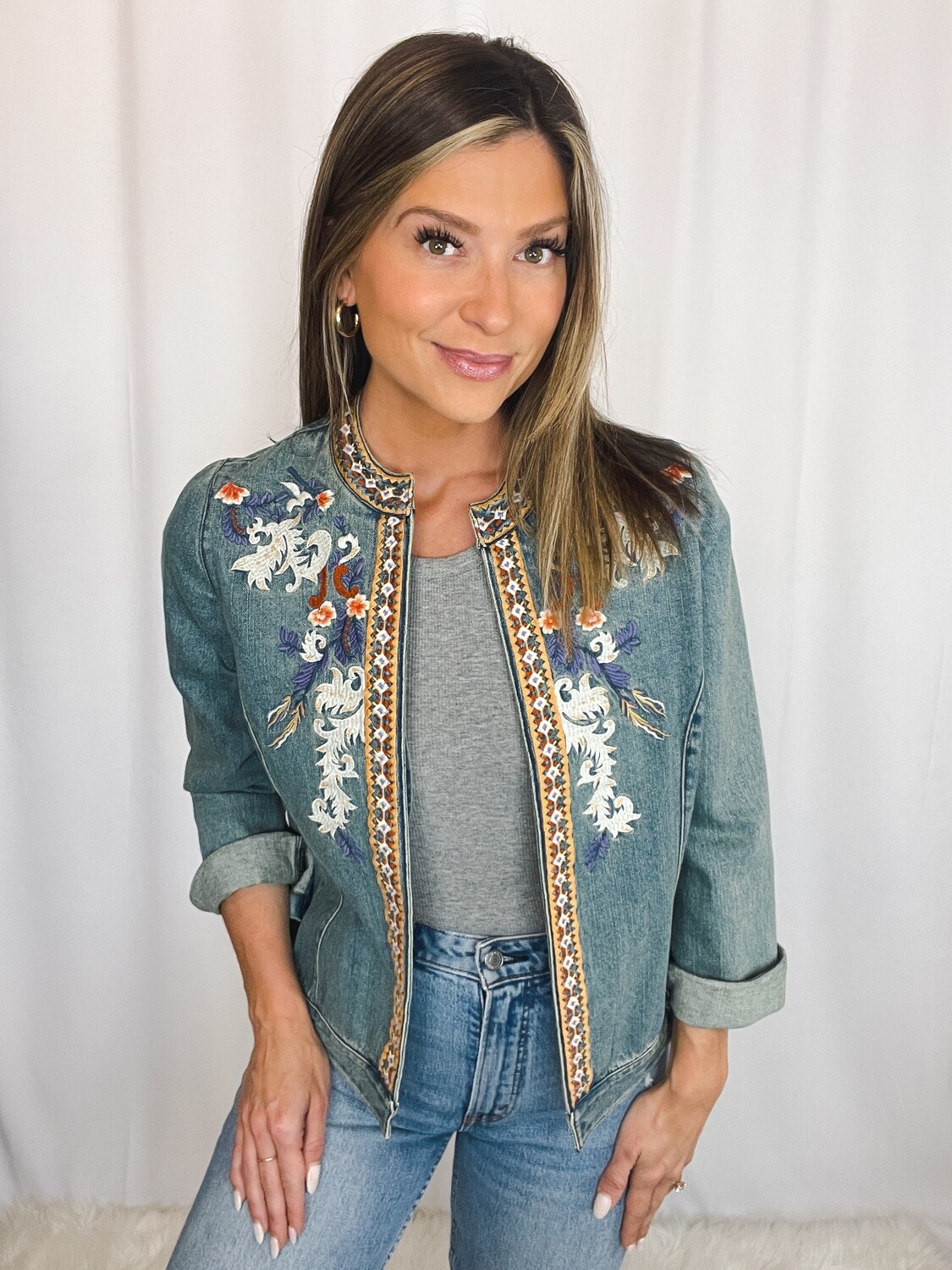 Chico's Denim Jacket w/ Floral Embroidery - M