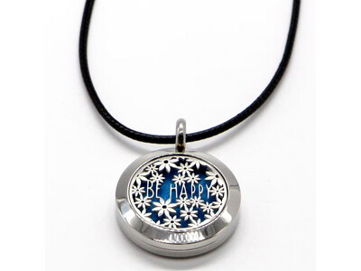 Zen Arôme - Duft-Schmuck Halskette - Medaillon aus Edelstahl mit Lederband Schwarz - Motiv Be Happy