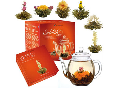 Creano - Rotes Geschenkset: ErblühTee + Glaskanne mit 6 Kugeln Teeblumen  - Weisser Tee