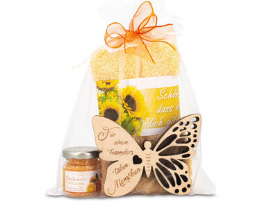 Naturpur - Geschenkset Zirben Schmetterling mit Gravur "Lieber Mensch"  & Badesalz & Tuch 100% Baumwolle Orange