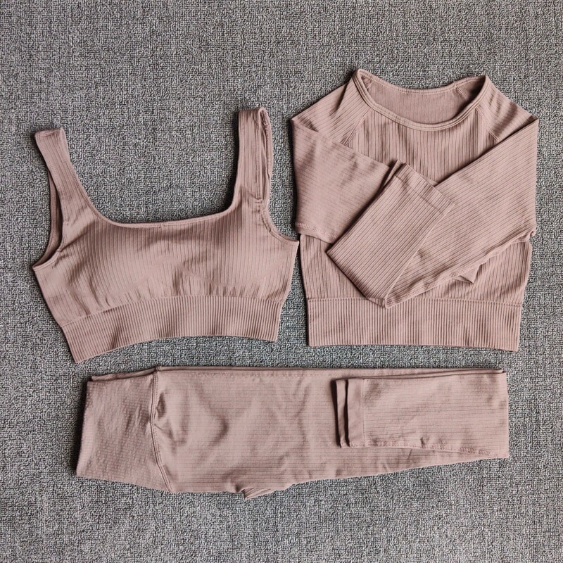 Women&#39;s Sportswear Yoga Set Workout Clothes Athletic Wear Sports Gym Legging Seamless Fitness Bra Crop Top Long Sleeve Yoga Suit