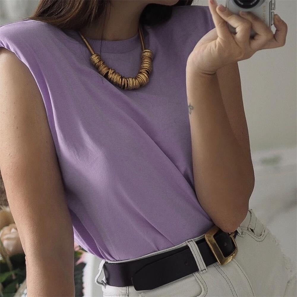 2021 summer women&#39;s new design sense niche trendy shoulder pad profile vest t-shirt solid color wild loose loose slim top