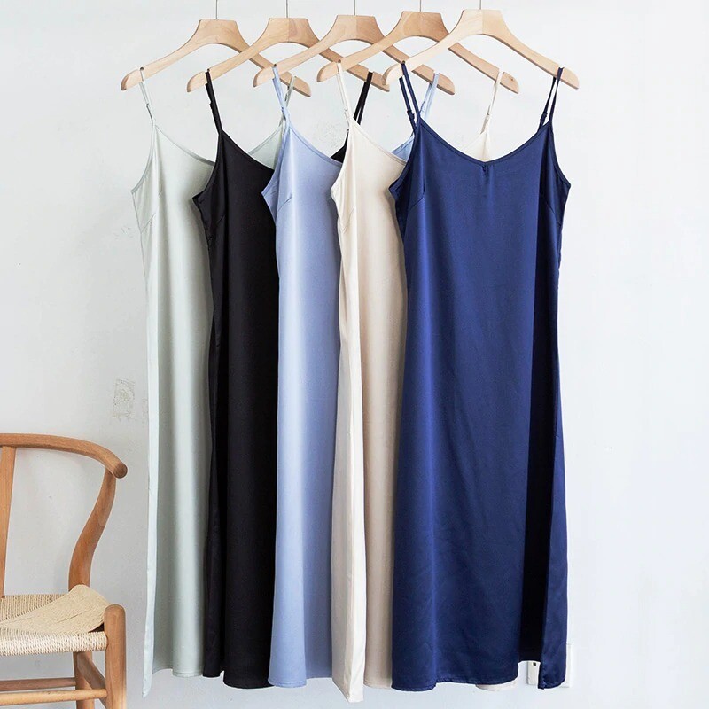 Fashion High Quality Women&#39;s Dress Summer Spaghetti Satin Long Woman Dress Very Soft Smooth Plus Size S-4XL