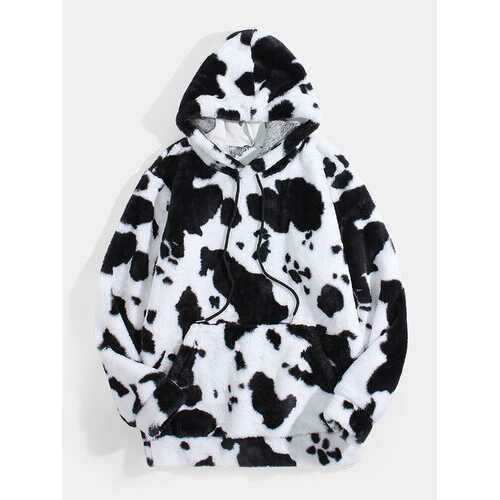 Allover Cow Print Fluffy Plush Hoodie