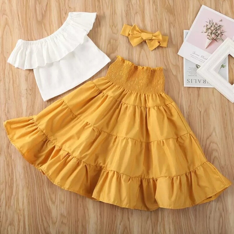 3 pc Toddler girl&#39;s solid colour gypsy skirt, top and headband clothing set