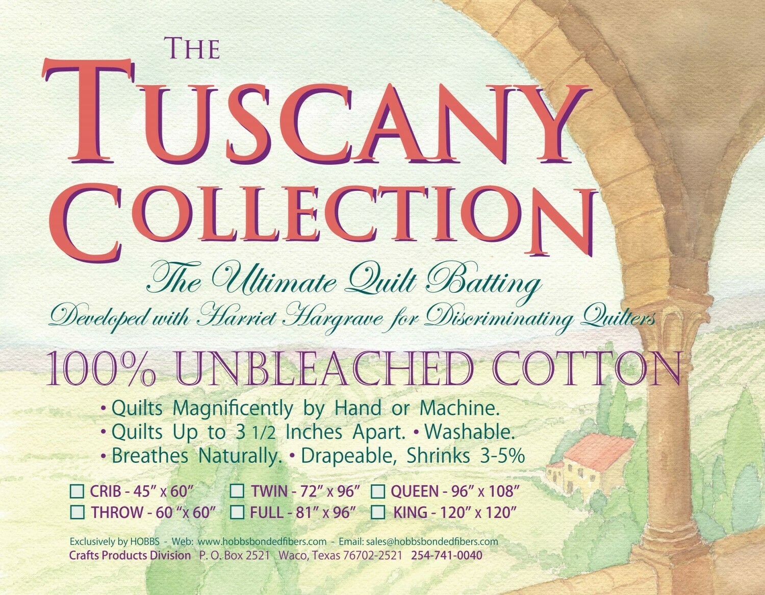 Hobbs Tuscany - Unbleached Cotton Batting: Queen