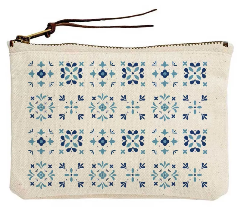 Blue Mediterranean Tile Pattern Canvas Pouch