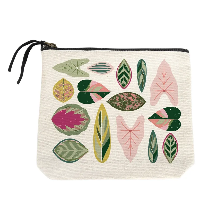 Pink &amp; Green Leaves Small Canvas Pouch