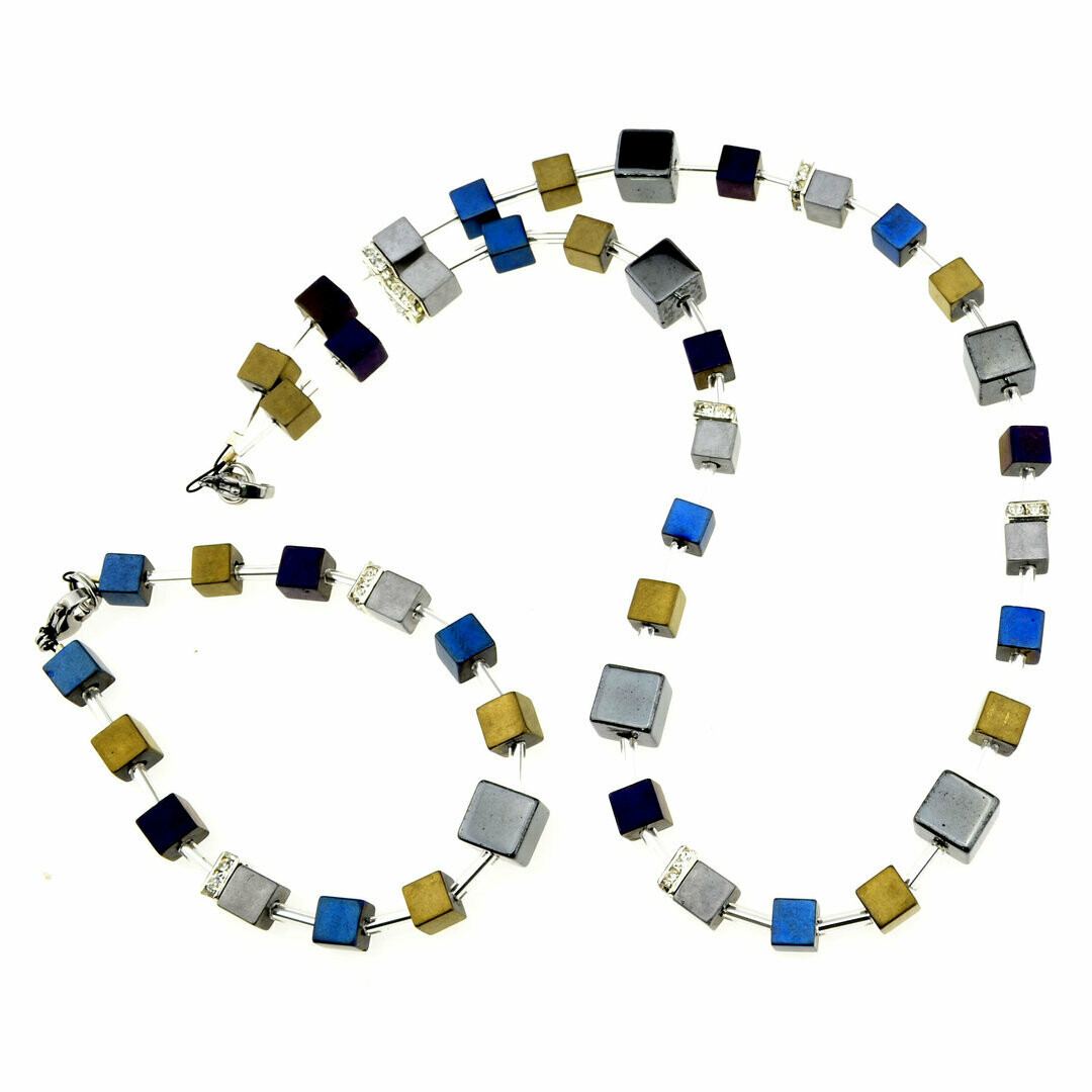 Kette + Armband mit Würfelperlen Hematit