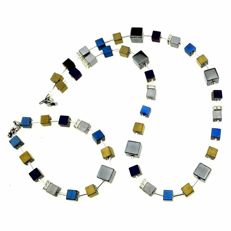 Kette + Armband mit Würfelperlen Hematit