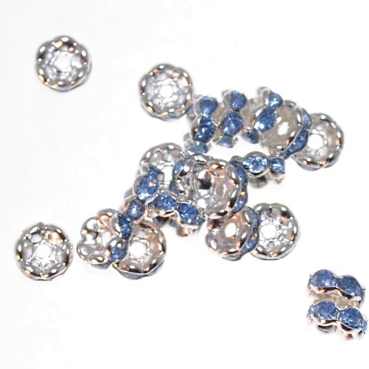  Silberfarbene Strass-Rondelle mit hellblauen Kristallen, 6 mm – 20 Stück für DIY-Schmuck