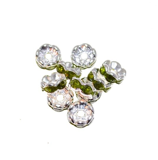 8mm Strassrondelle - silberfarbig / olive  / 10 Stück