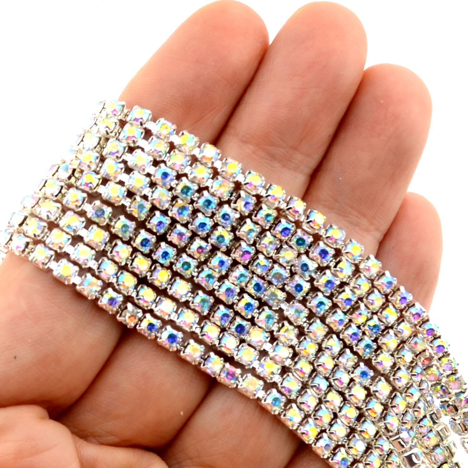 Strasskette - Einreihige Strass-Tassenkette für Schmuckherstellung, Hochwertige Glaskristalle, DIY Funkelnde Accessoire Strassband in Metallfassung, Straßsteinkette, Strassborte crystal AB 3mm / 50cm