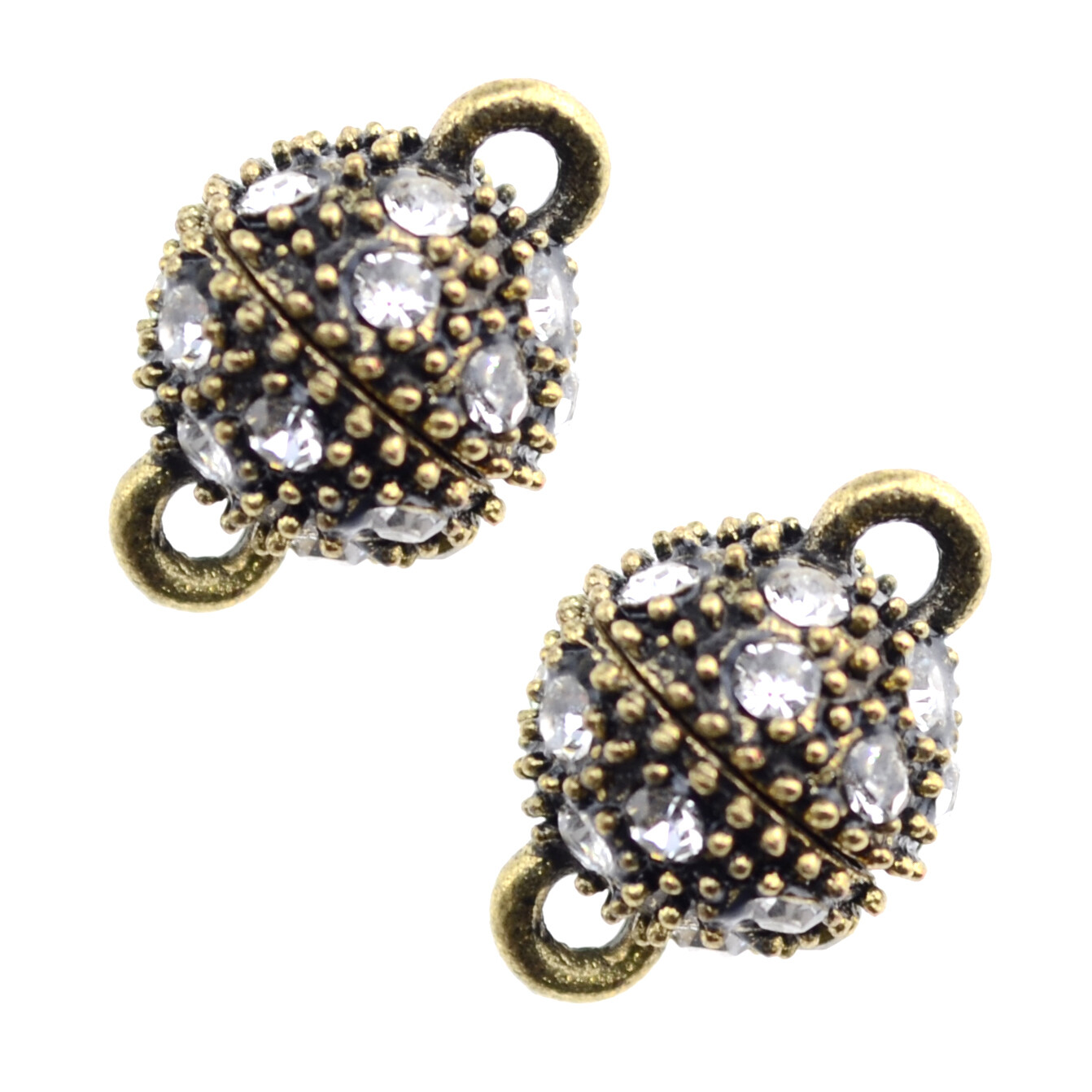 Zwei antikbronze-farbene Magnetverschlüsse mit Strass, Kugelform 16×10 mm – für glanzvolle DIY-Schmuckstücke